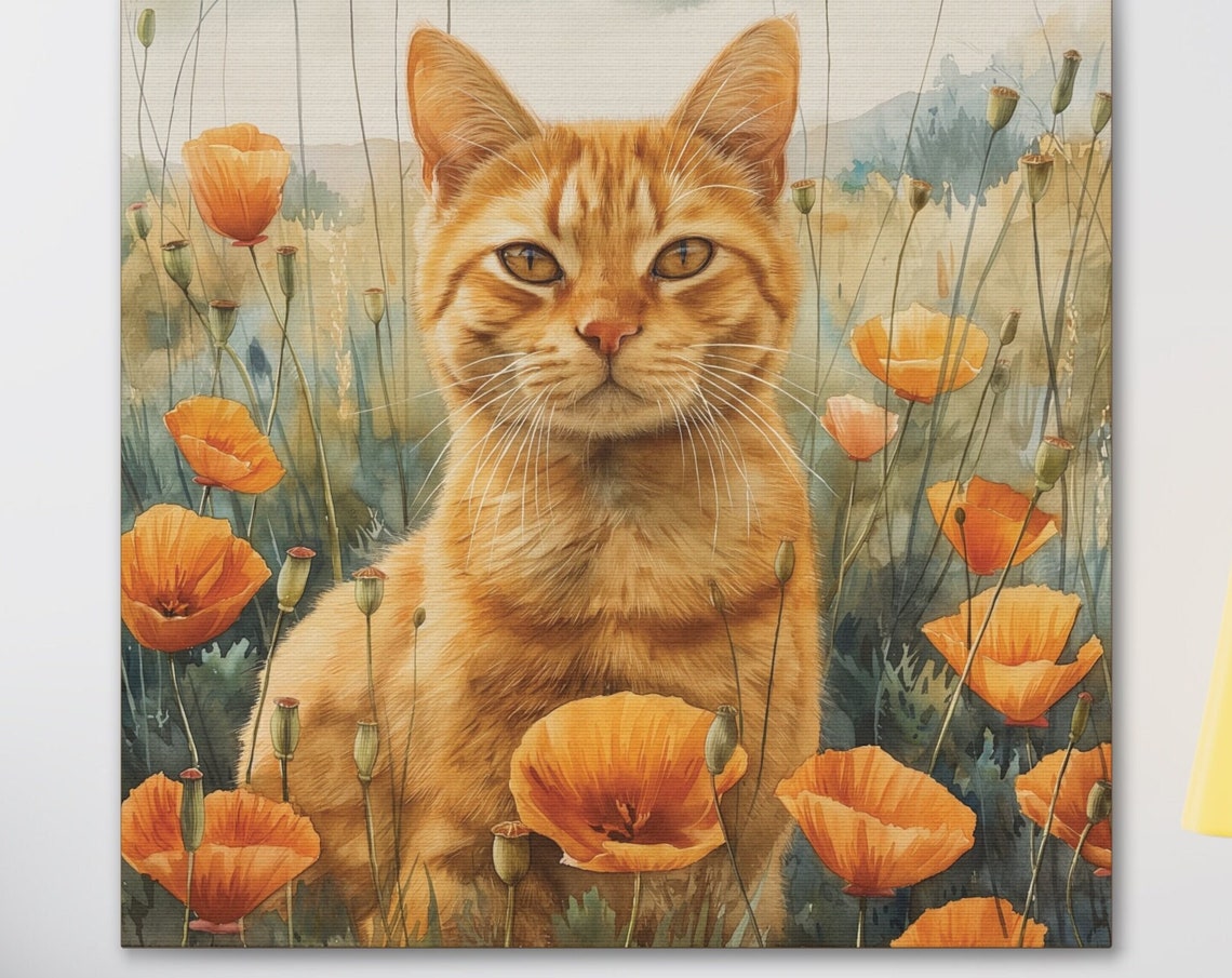 Ginger Tabby Cat Sitting in an Orange Poppy Field Watercolor Poster