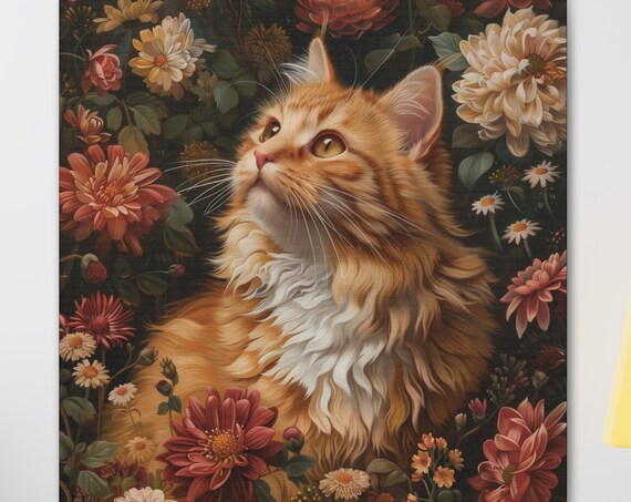 Long Haired Ginger Cat Gazing Up Among Romantic Flowers Poster