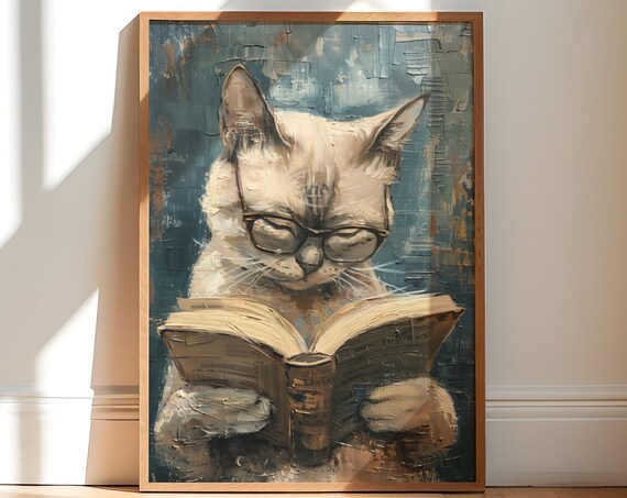Siamese Cat With Glasses Reading A Book In A Library Art Poster