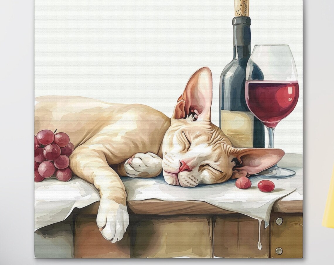 Hairless Sphynx Cat Napping Beside Wine Bottle and Grapes Poster