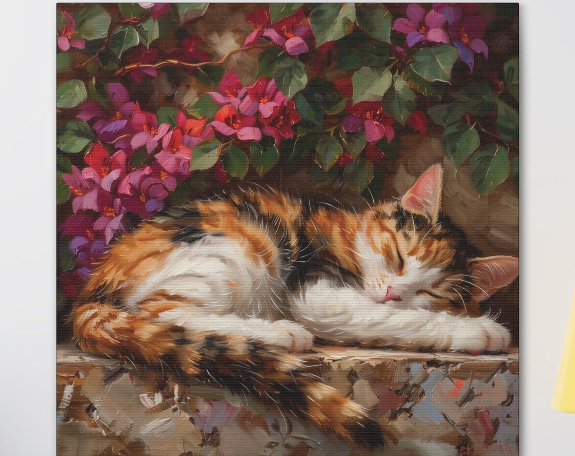 Sleeping Calico Kitten On A Stone Wall Beneath Flowers Oil Poster