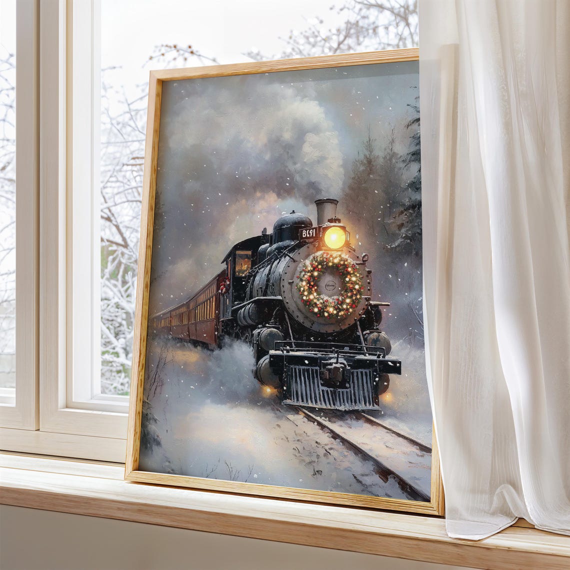 Vintage Steam Train with Christmas Wreath Snowy Winter Scene Poster - Image 5