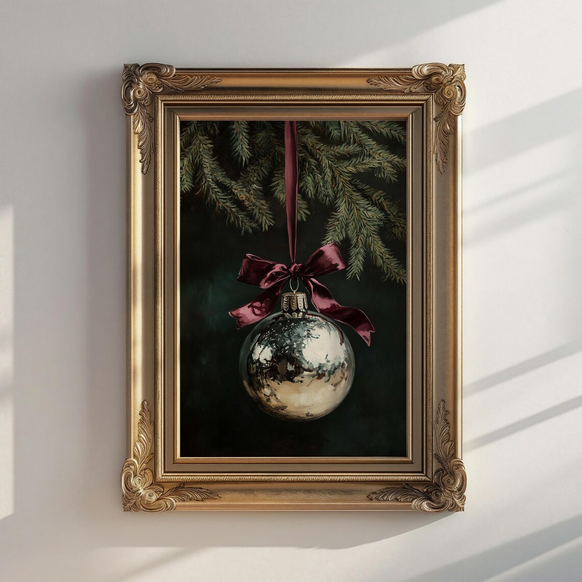 Vintage Silver Christmas Ornament Burgundy Bow Moody Art Poster