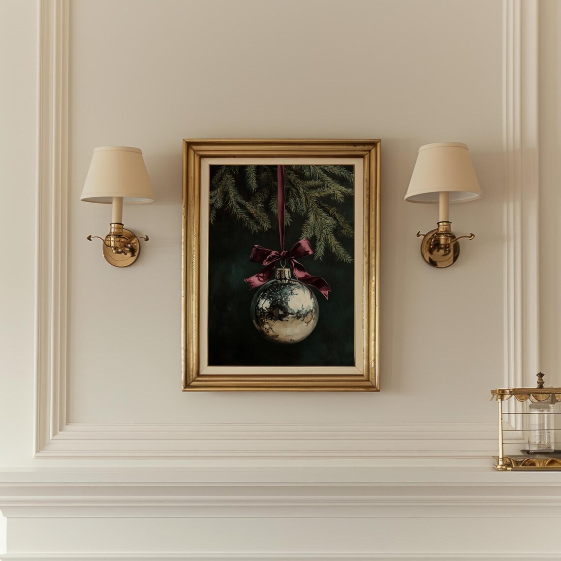 Vintage Silver Christmas Ornament Burgundy Bow Moody Art Poster - Image 5