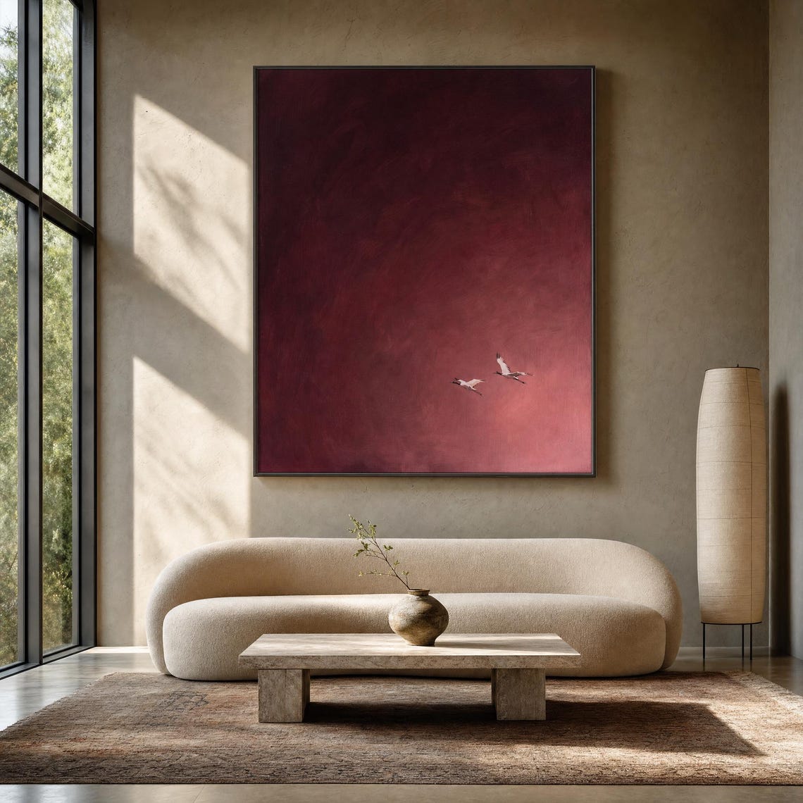Burgundy Wall Art Dark Red Sky Oil Painting Two Birds In Flight Print Deep Wine Bedroom Decor Above Bed - Image 2