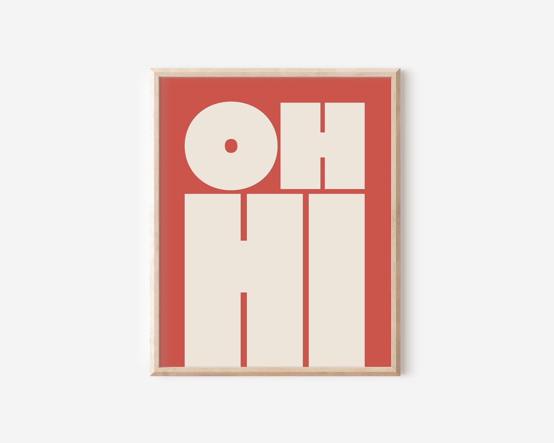 Oh Hi Warm Coral Red Background Cream Block Letter Greeting Poster - Image 2