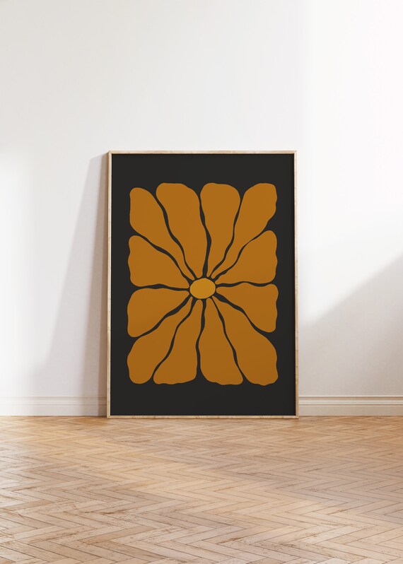 Retro Autumn Flower Illustration Mustard Black Groovy Poster