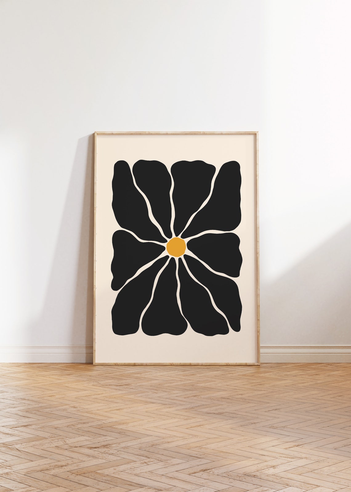 Bold Black Groovy Flower Golden Center Retro Abstract Botanical Poster