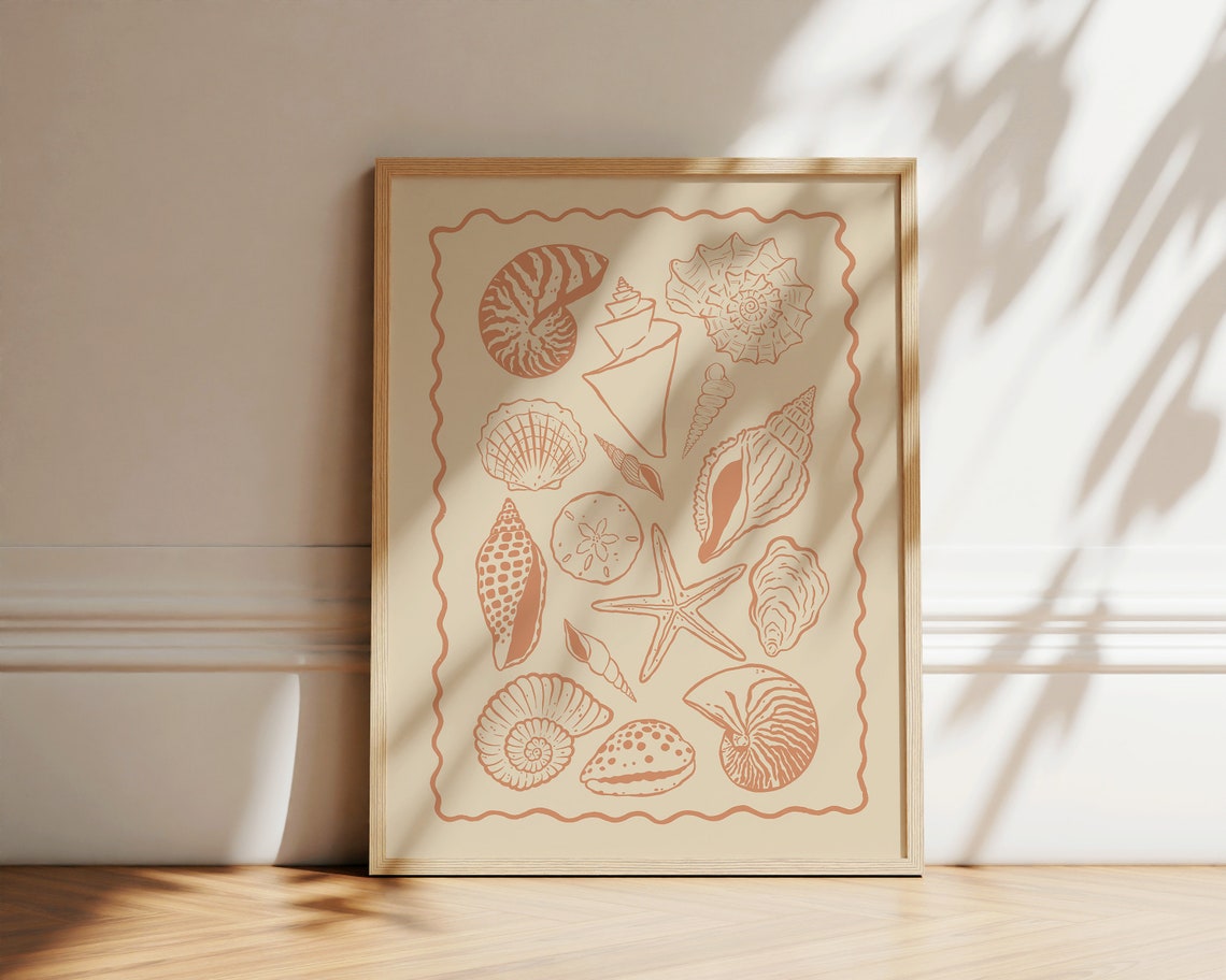 Seashells Line Art Terracotta Coastal Beach Shells Illustration Poster