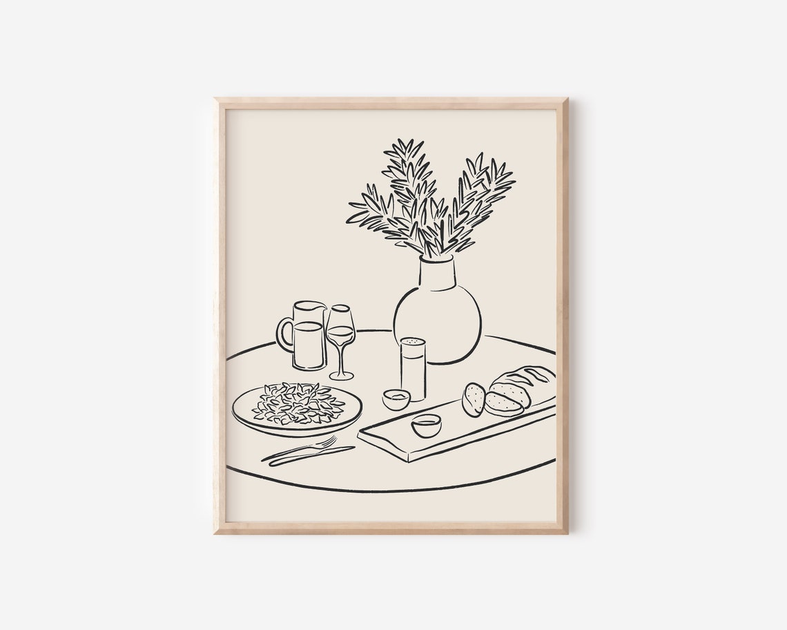 Table Setting Ink Drawing Restaurant Art Print Girl Dinner Line Art Illustration Kitchen Art Artwork Instant - Image 2