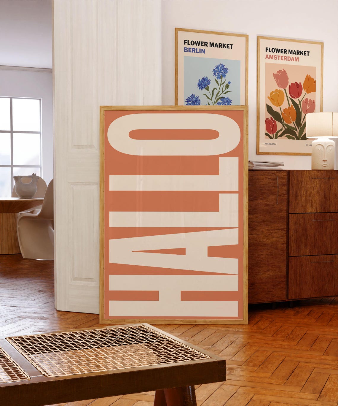 Hallo Bold Retro German Greeting Typography Terracotta Wall Poster