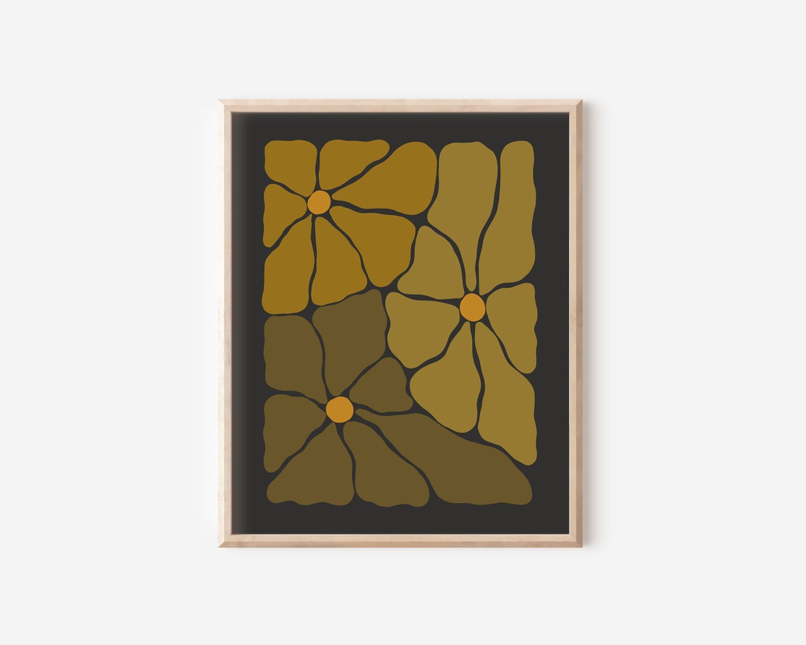 Retro Autumn Flowers Illustration Olive Black Groovy Botanical Poster - Image 2