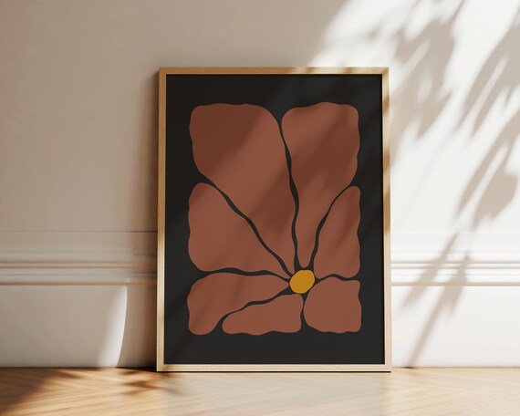 Retro Autumn Flower Illustration Brown Black Groovy Floral Poster