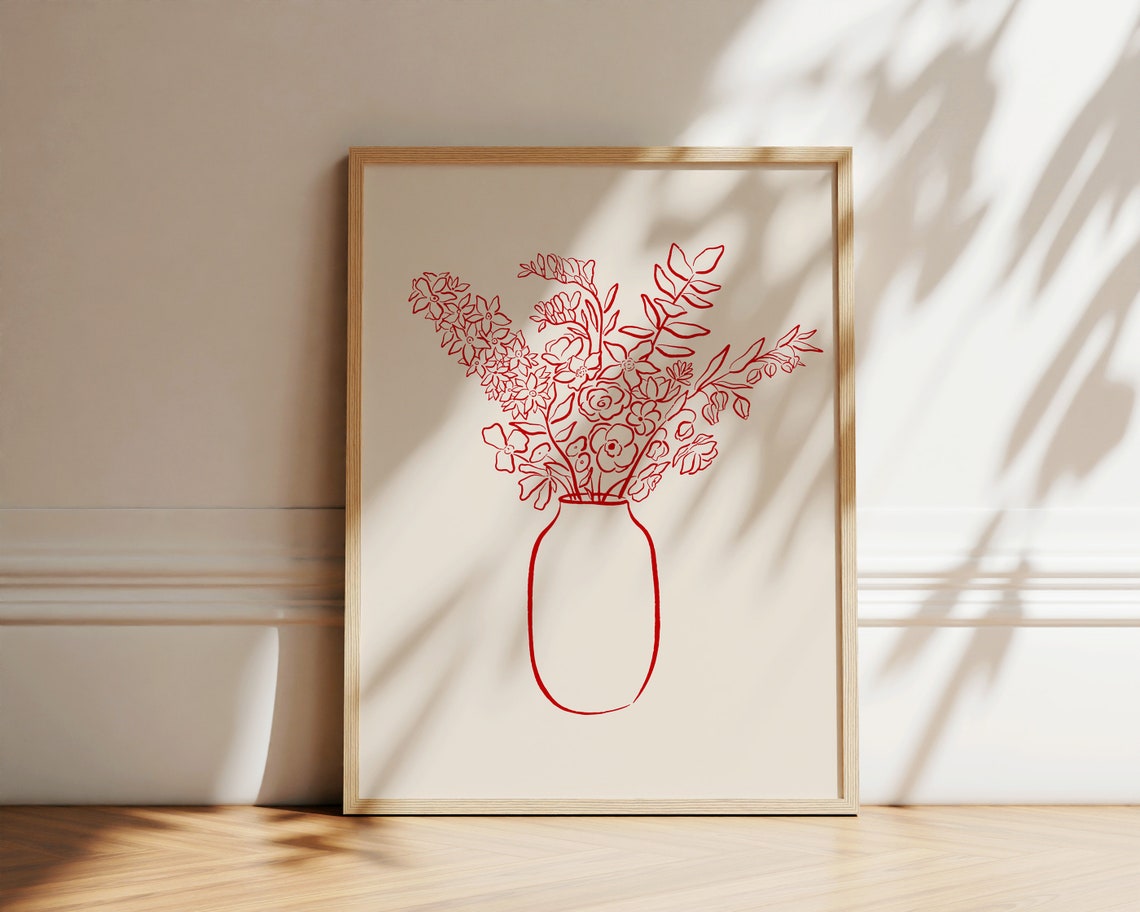 Red Ink Flower Bouquet Vase Minimalist Line Drawing Botanical Poster