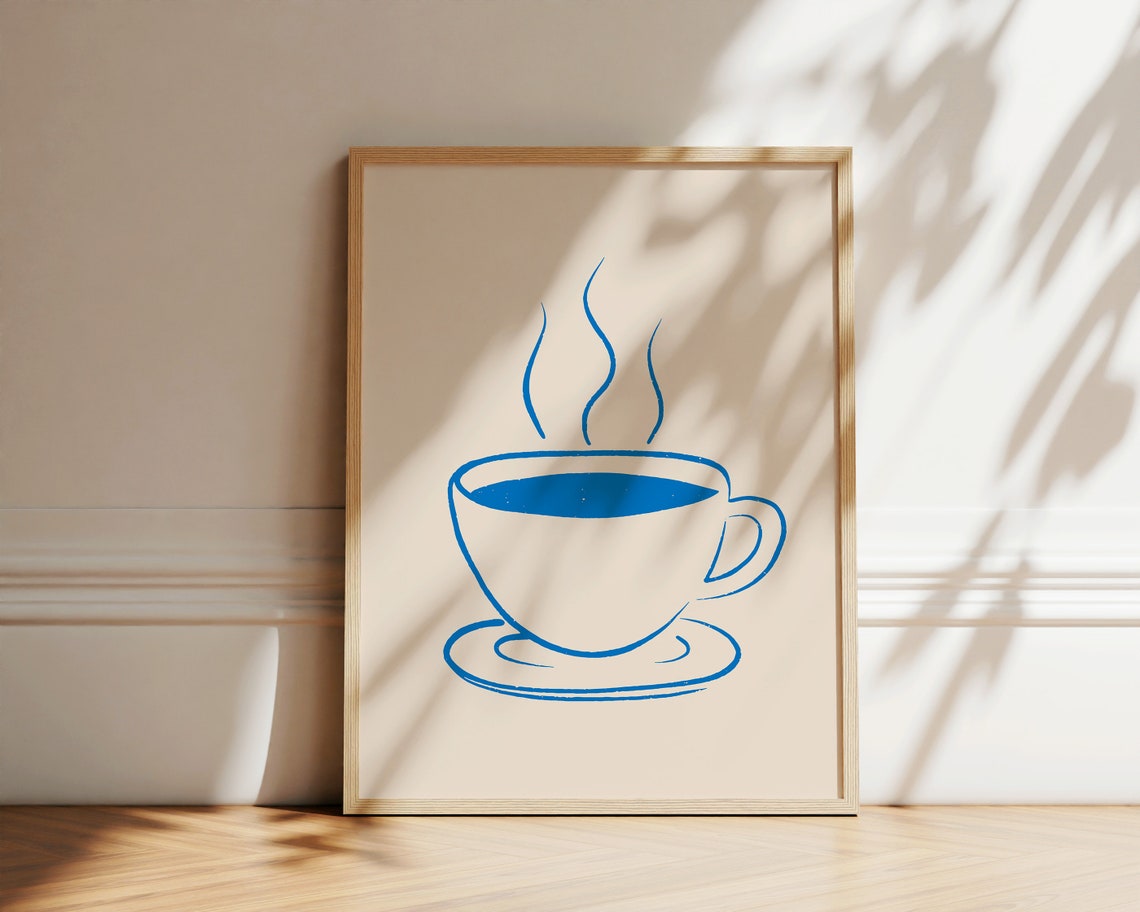 Blue Line Coffee Cup Steaming Minimalist Kitchen Wall Decor Poster - Image 2