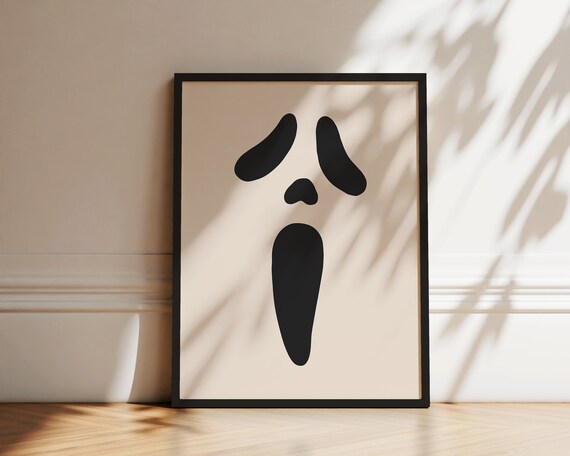 Screaming Ghost Face Minimal Black Beige Spooky Halloween Wall Art