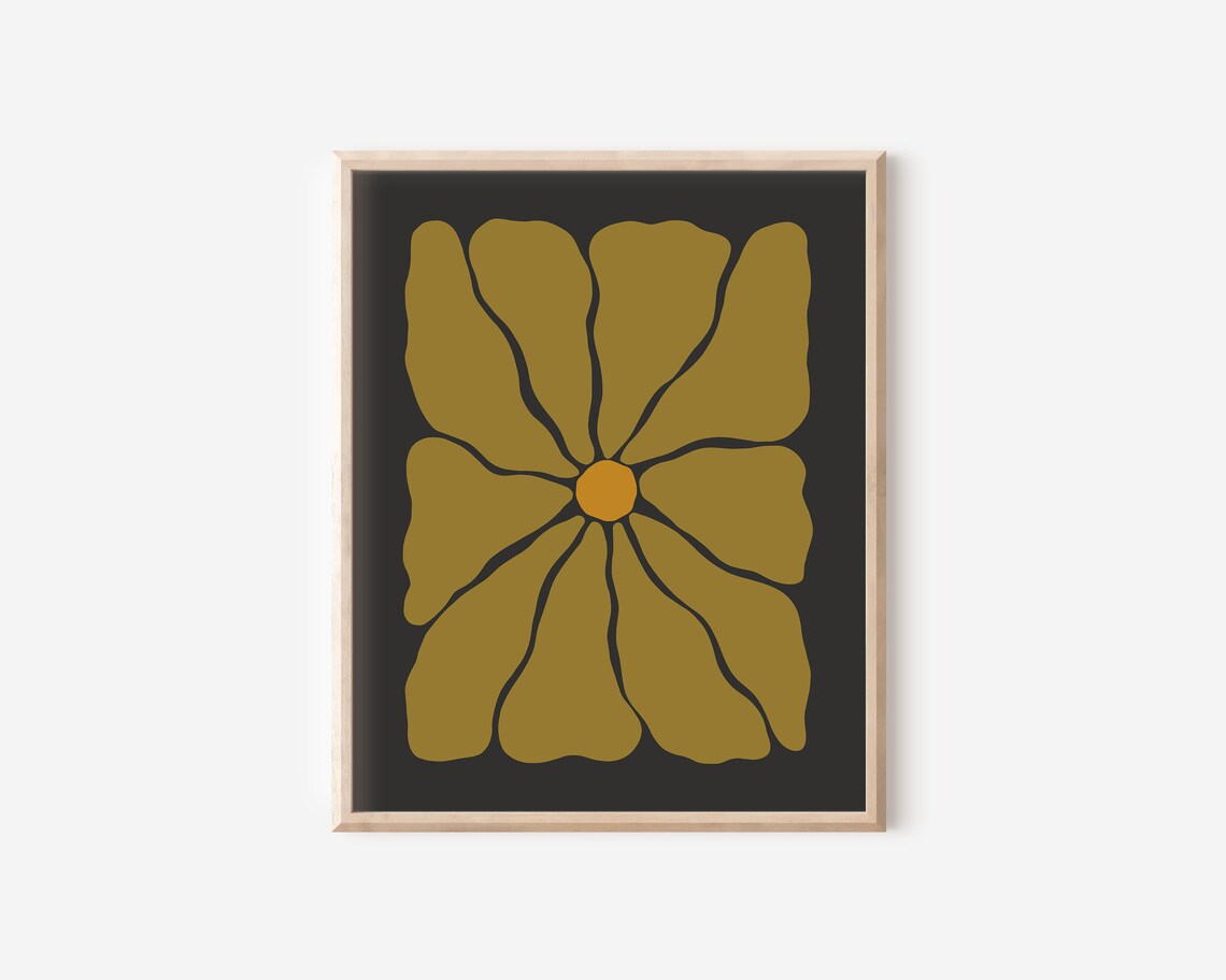 Mustard Gold Groovy Flower Black Background Retro Autumn Botanical Poster - Image 2