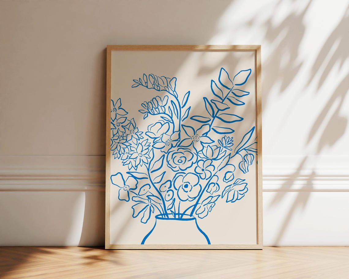 Blue Flower Bouquet Vase Line Art Minimalist Botanical Poster - Image 2