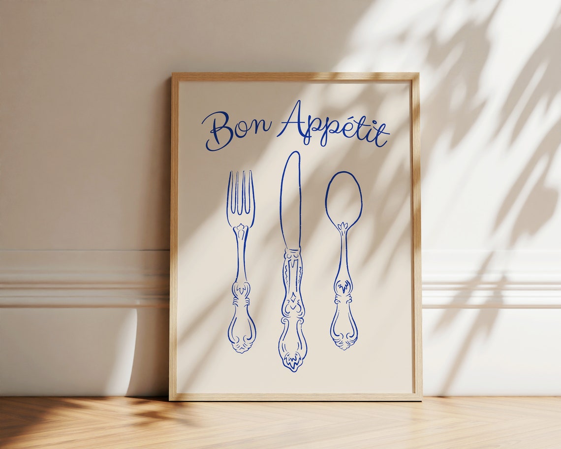 Bon Appétit Blue Script Cutlery Line Drawing Kitchen Wall Poster