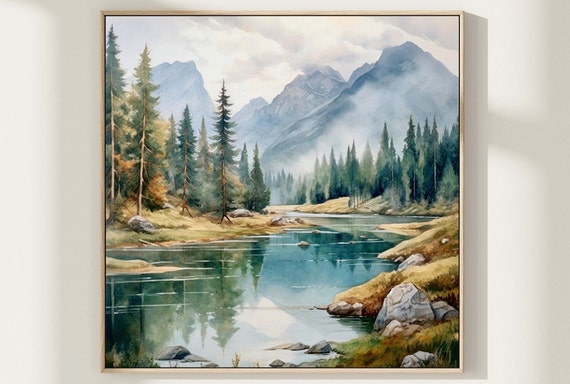 Mountain River Landscape Watercolor Painting Pine Tree Wall Art Neutral Landscape Green Yellow Art Print