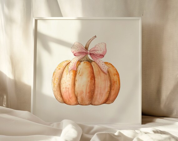 Peach Watercolor Pumpkin with Pink Polka Dot Bow Fall Decor Poster