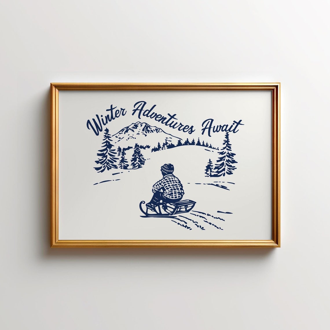 Winter Adventures Await Navy Sledding Scene Snowy Mountain Poster