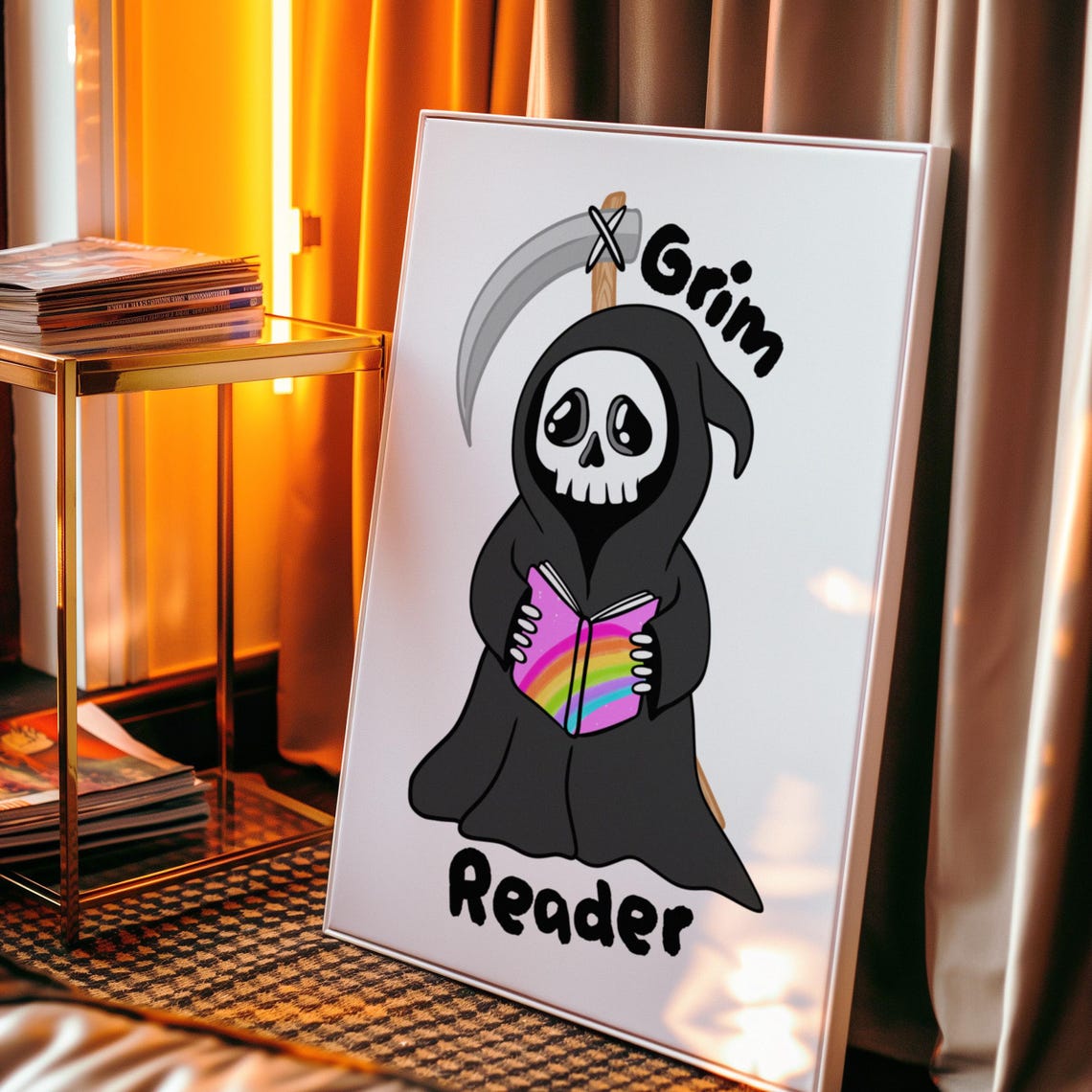 Grim Reader Cute Reaper With Rainbow Book Halloween Wall Poster - Image 3