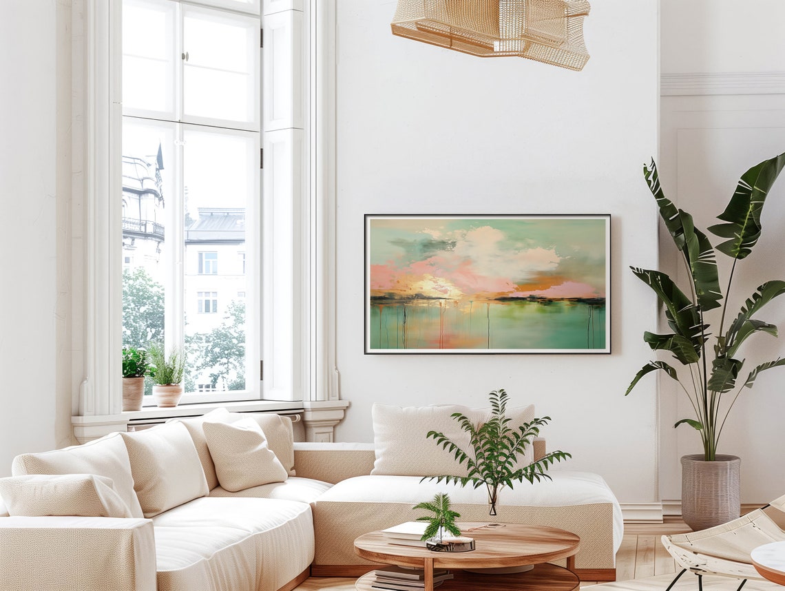 Pastel Green Pink Sunset Reflection Abstract Oil Painting Wall Art - Image 5