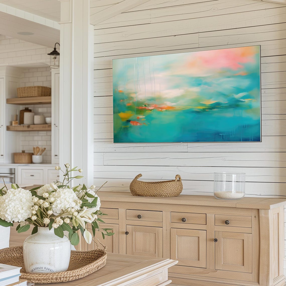 Turquoise Teal Abstract Painting With Coral Pink Accents Art Poster - Image 3