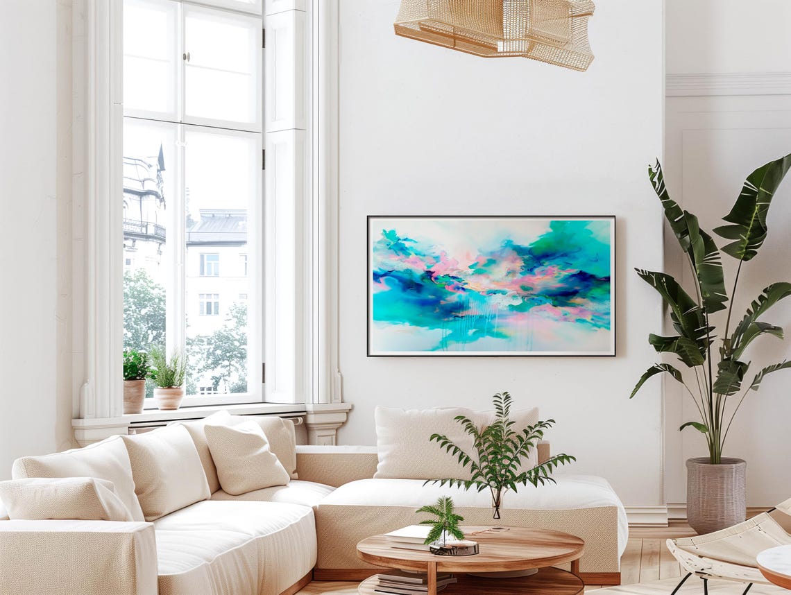 Bright Turquoise Pink Watercolor Cloudscape Bold Abstract Wall Poster - Image 5