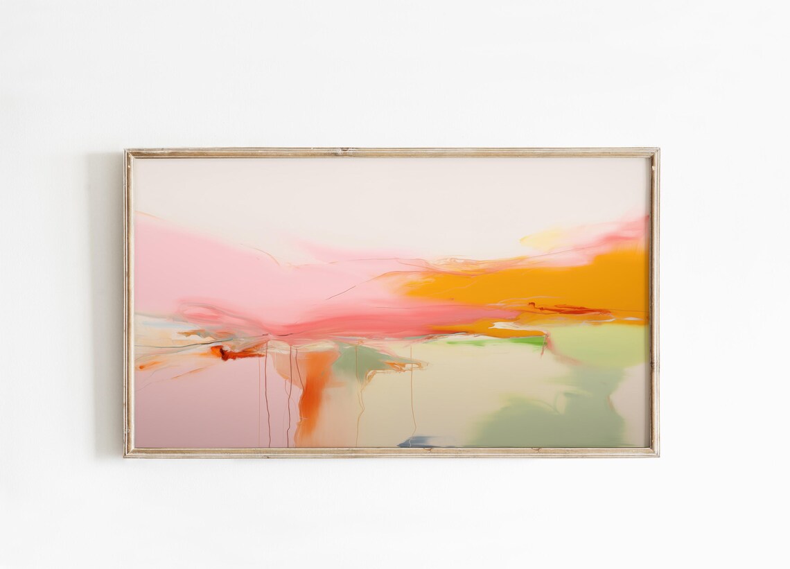 Pink Orange Abstract Painting With Sage Green Minimal Wash Poster
