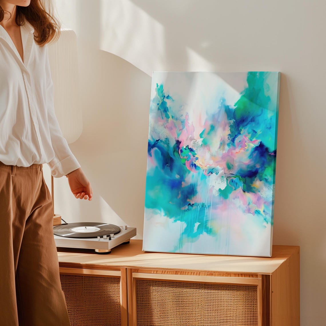Ink Wash Abstract In Teal Blue Green And Pink With Paint Drips Poster - Image 2