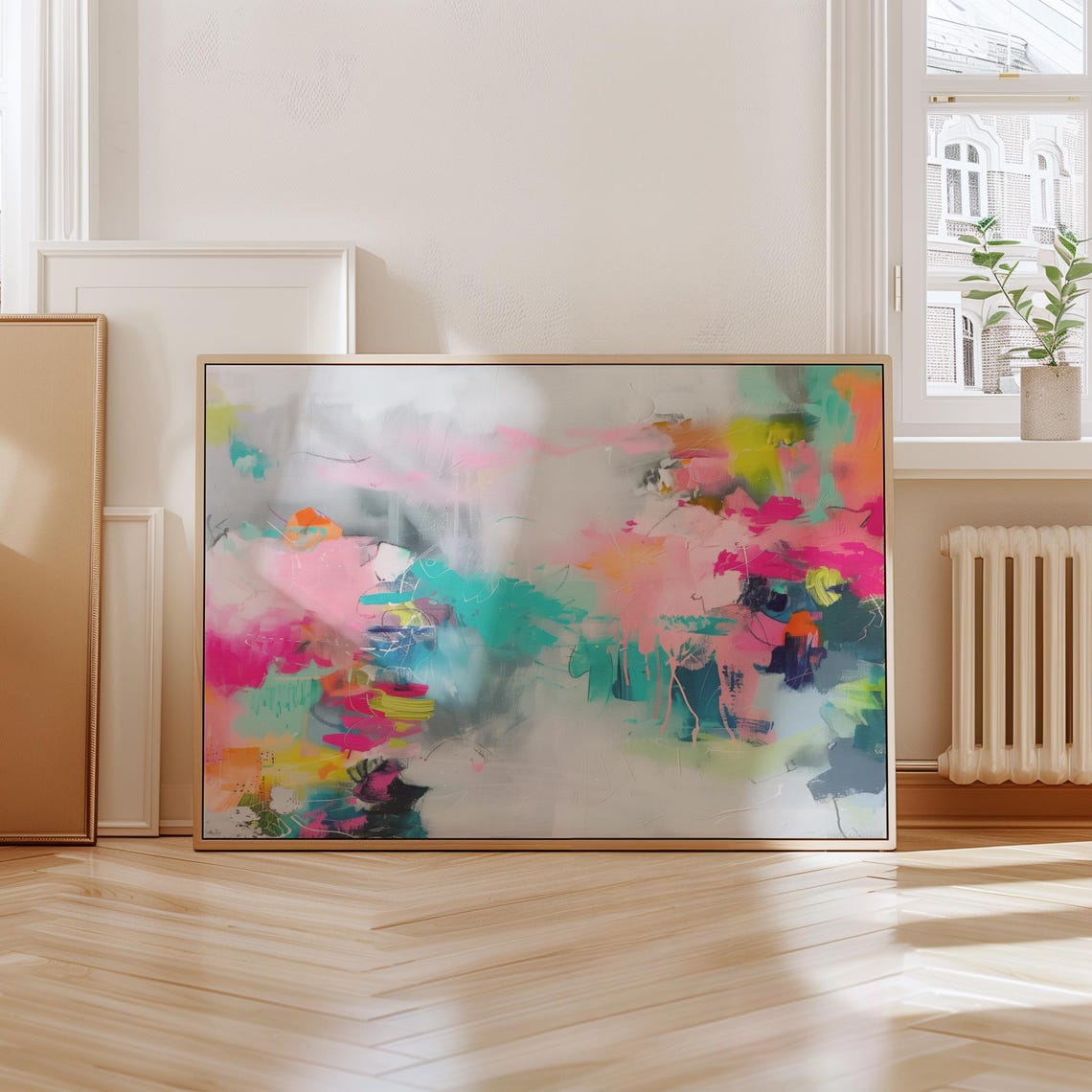 Pink Teal And Yellow Abstract Brushwork Modern Canvas Wall Art - Image 2