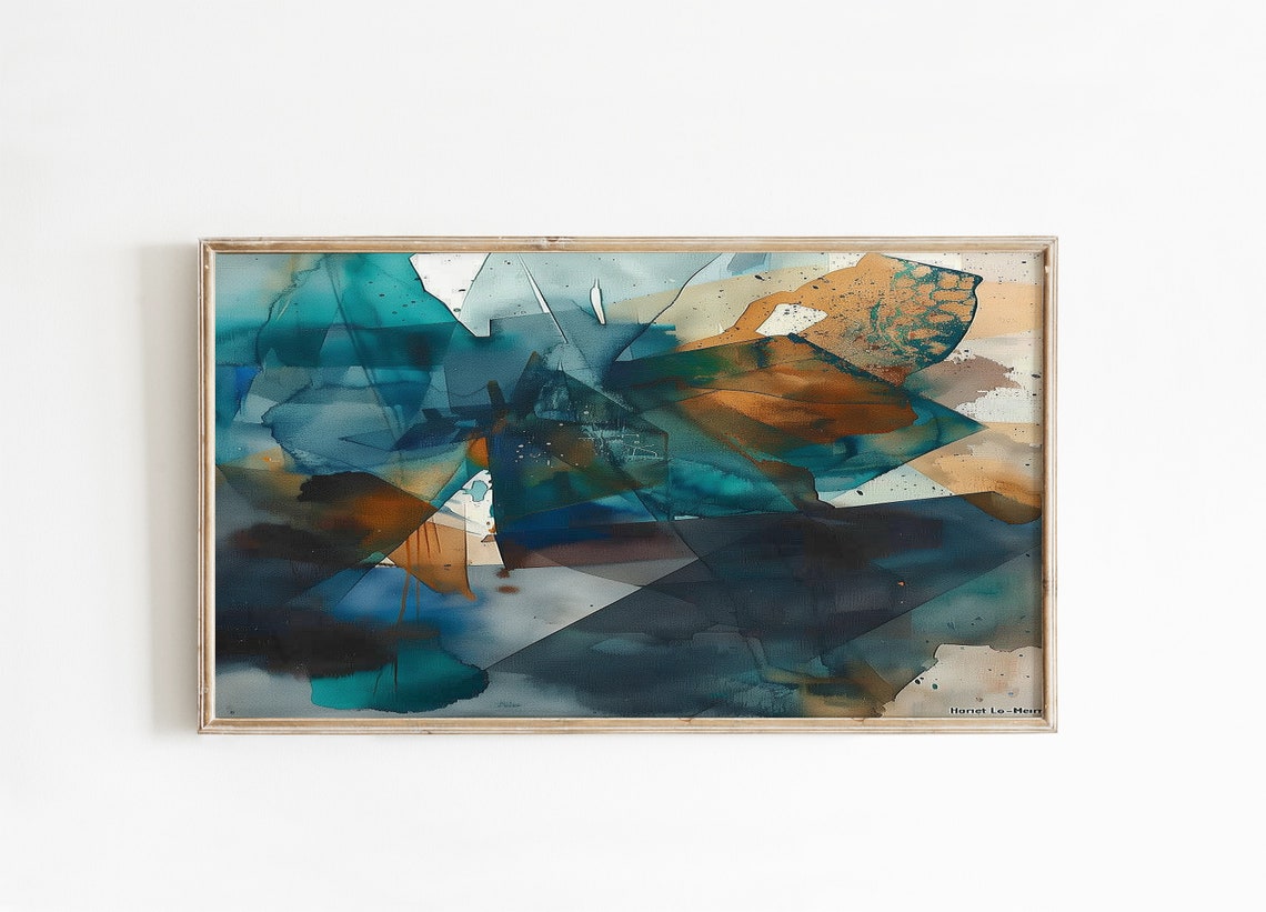 Copper Teal Geometric Abstract Oil Painting Modern Frame Art Print