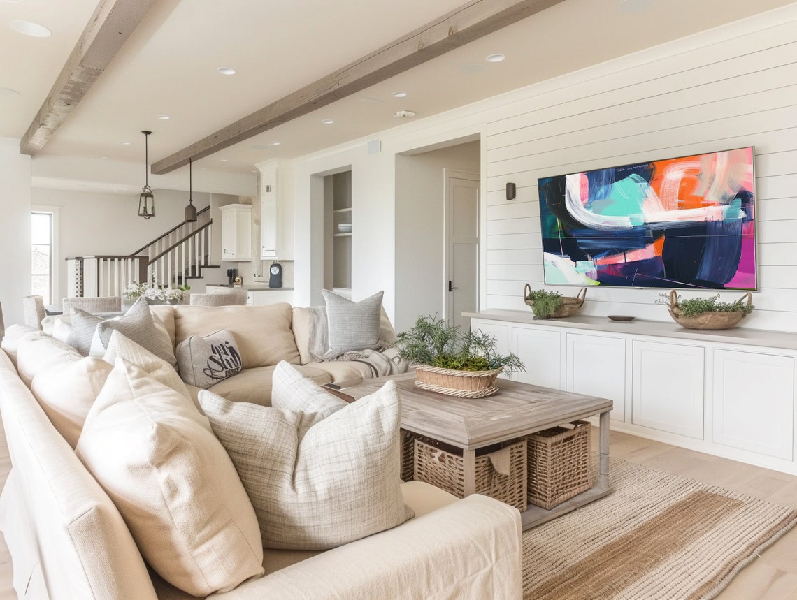 Navy White Brushstroke Bold Mint Orange Abstract Modern Wall Poster - Image 3