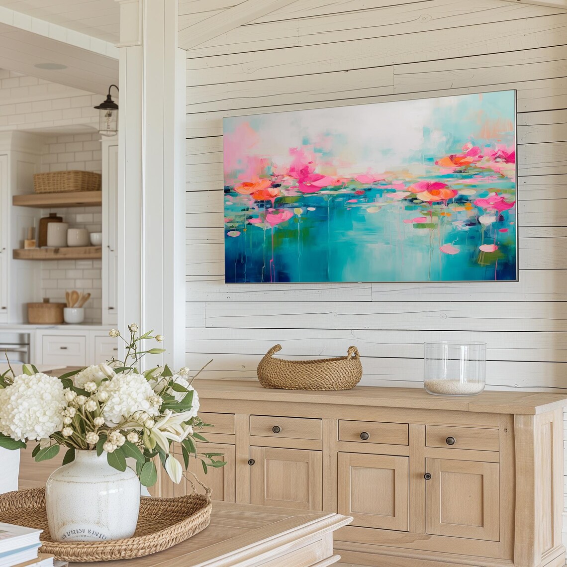 Turquoise Water Abstract With Pink Orange Blossom Clusters Poster - Image 3