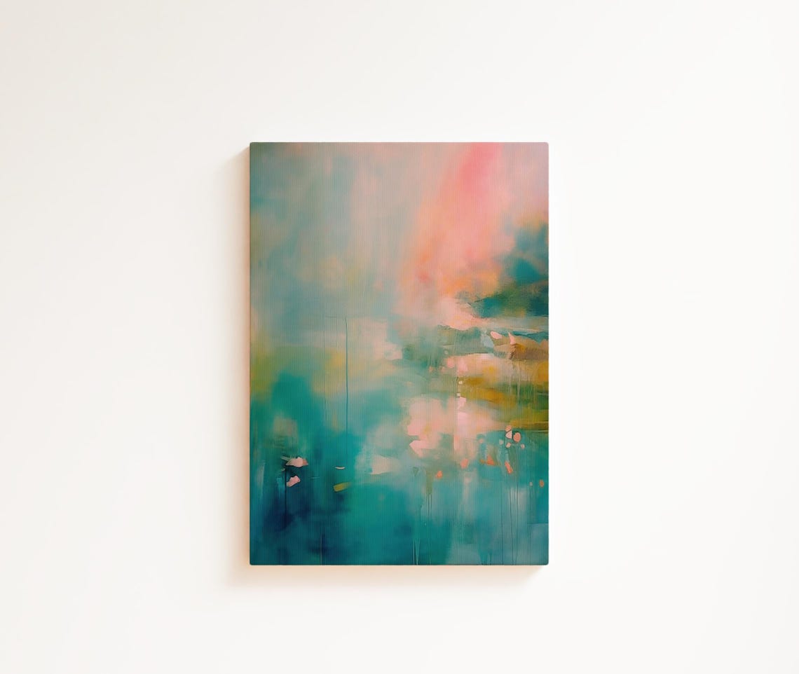 Teal Abstract Painting With Soft Pink Clouds And Paint Drips Poster