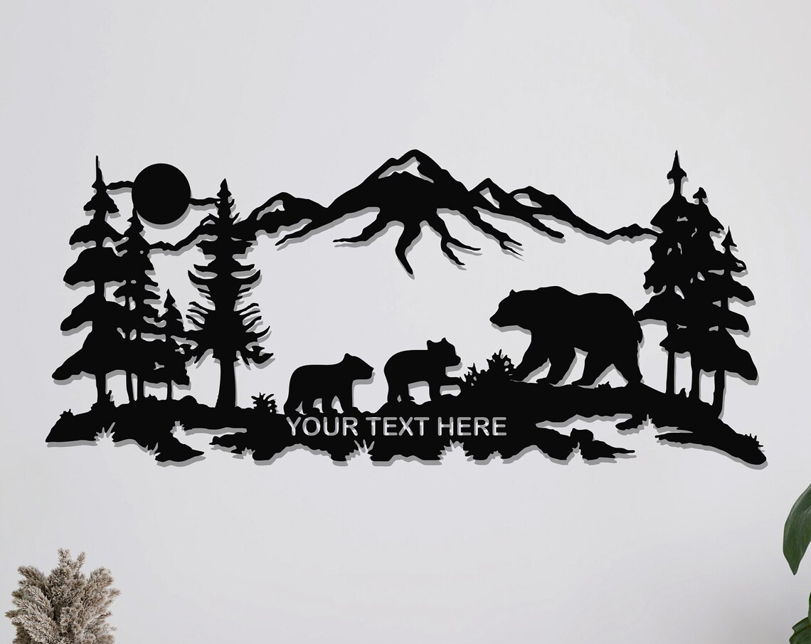 Personalized Bear Family Metal Wall Art Mountain Moon Custom Text Decor