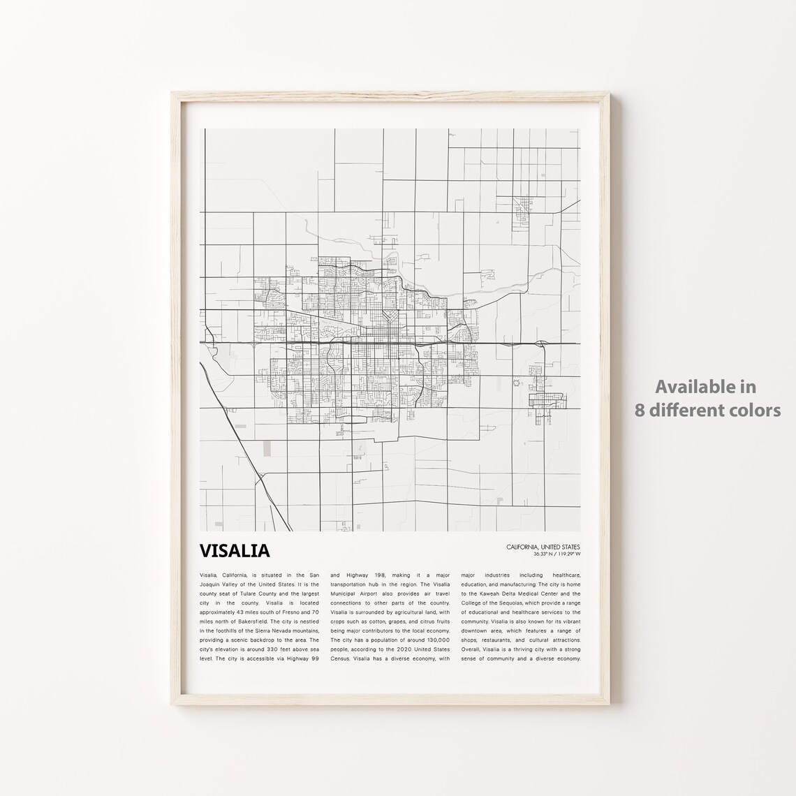 Visalia California City Street Map Travel Housewarming Poster