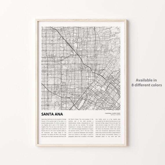 Santa Ana California Minimalist Black and White City Street Map Print