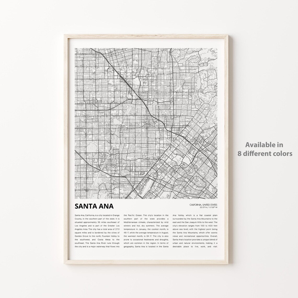 Santa Ana California Minimalist Black and White City Street Map Print