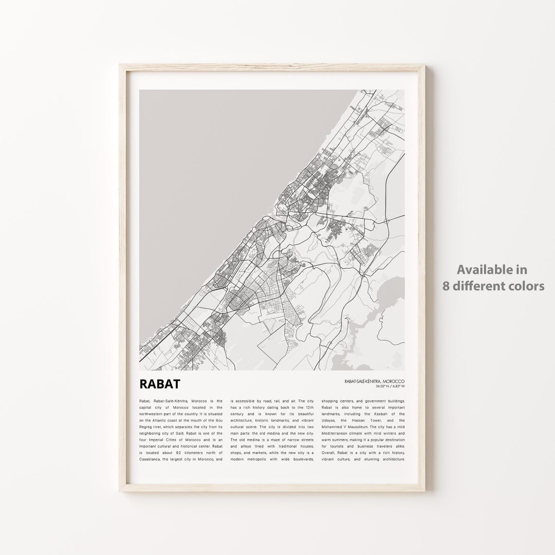 Rabat Morocco Street Map Monochrome Elegant Minimalist City Poster