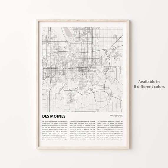 Des Moines Map Print Travel Wall Decor Art Iowa Housewarming Gift
