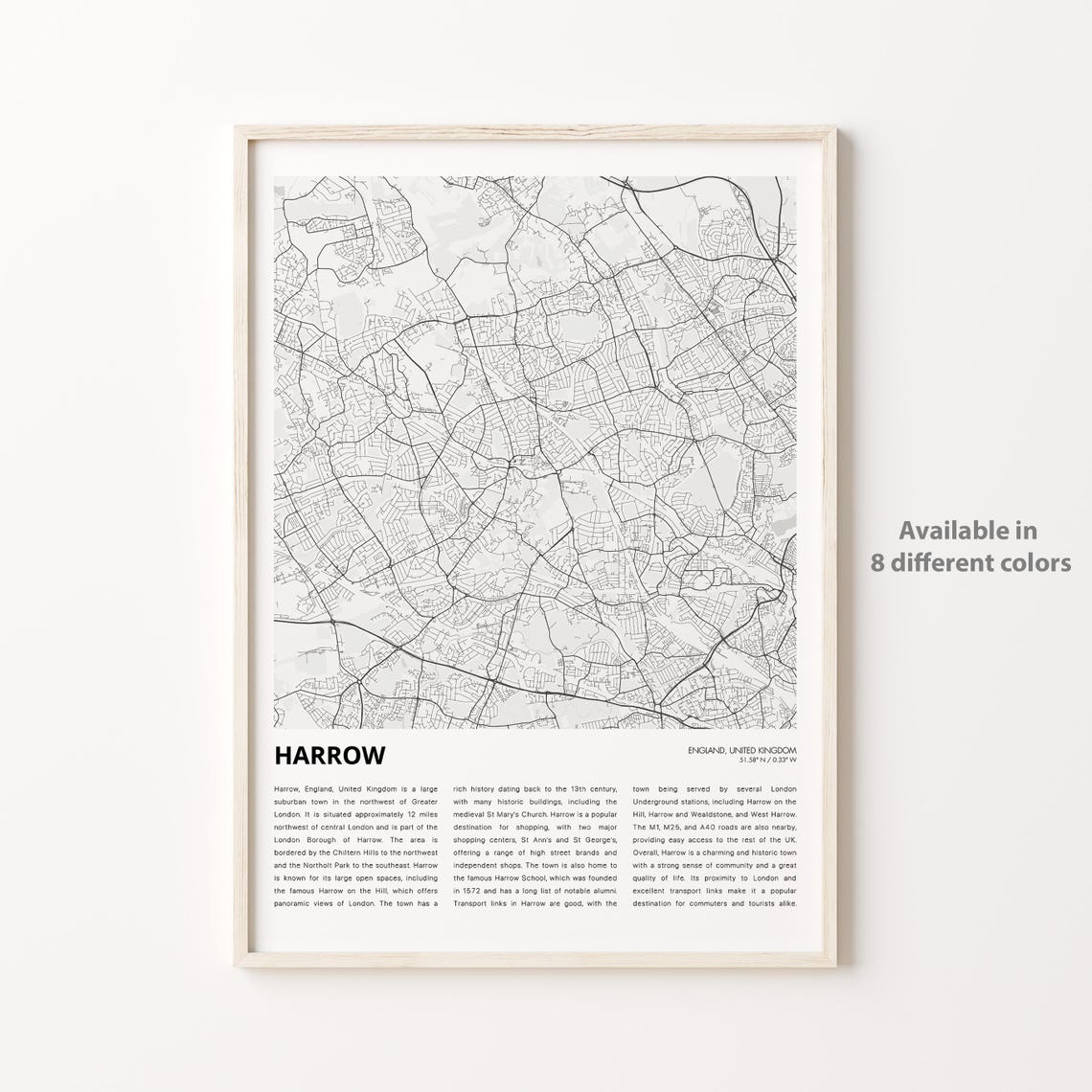 Harrow England City Map Modern Minimal Street Art Decor Poster