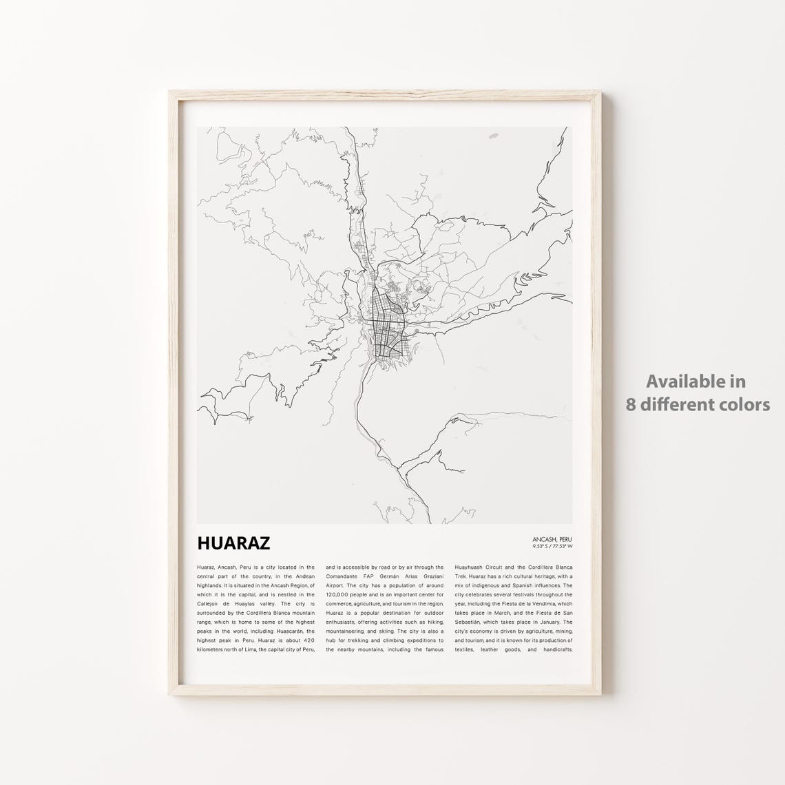 Huaraz Ancash Peru Minimalist Line Art City Map Travel Poster