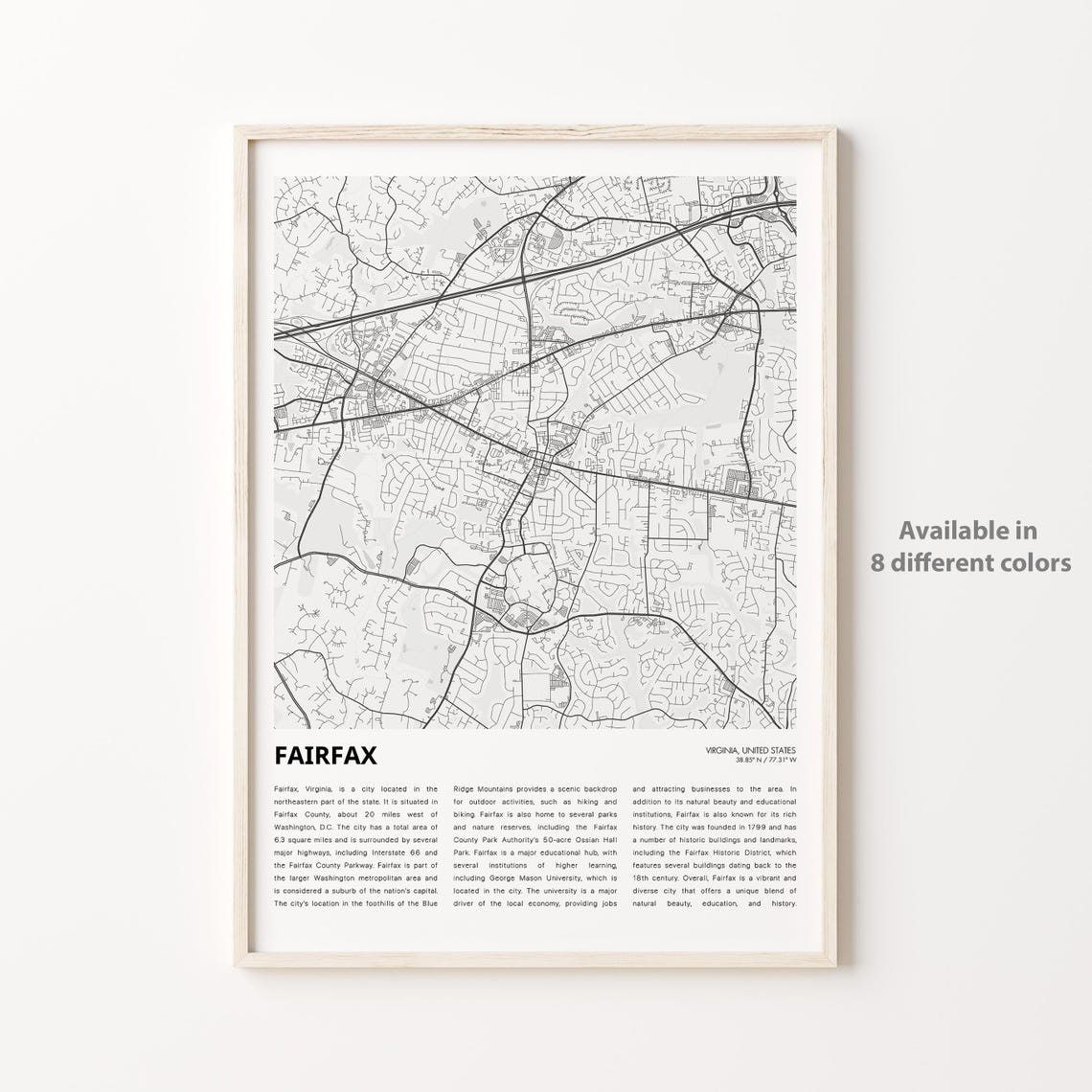Fairfax Virginia Minimalist City Map Art Print with Description