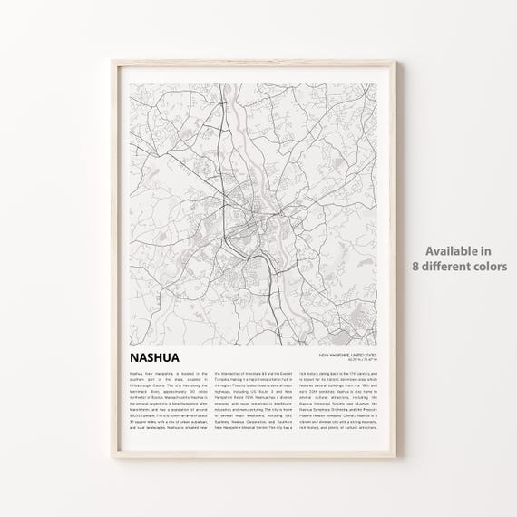 Nashua Map Print Travel Wall Decor Art New Hampshire Housewarming Gift