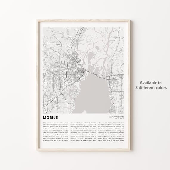 Mobile Map Print Travel Wall Decor Art Alabama Housewarming Gift