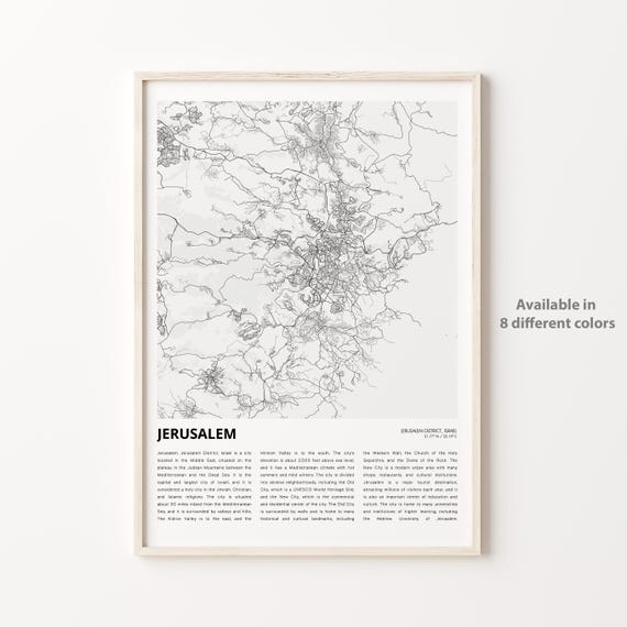 Jerusalem Map Print Travel Wall Decor Art District Housewarming Gift