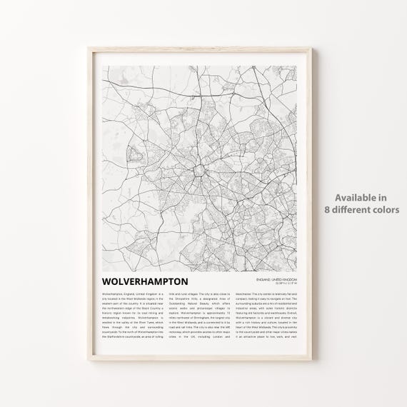Wolverhampton England West Midlands City Street Map Travel Poster